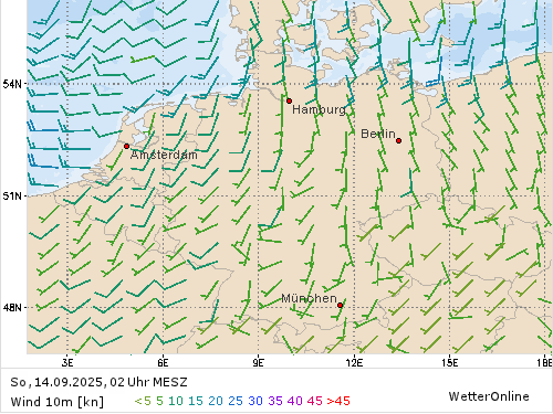 Windstärke (kn) und -richtung So, 02 Uhr MESZ